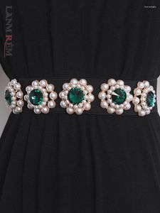 Belts LANMREM Handmade Pearl Studded Diamond Belt For Women High Elastic Waist Designer Tide Fashion 2023 Summer 2YA3245