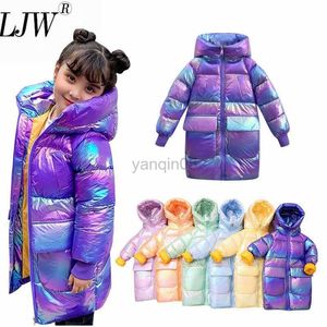 Casaco de penas 2023 novo casaco de inverno infantil para meninas brilhante iridescente engrossar meninas casaco de inverno com capuz veludo jaquetas de inverno para meninas outwear 12 anos HKD230725