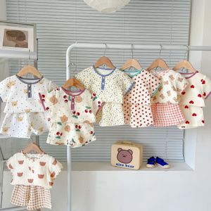 Clothing Sets Kid Summer Casual Set Cute Bear T shirt Baby Girl Cherry Short Sleeves Tops And Simple Plaid Loose Cotton Shorts Boy Suit 230724