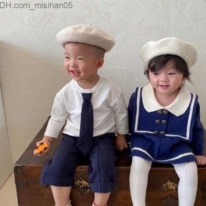 Flickans klänningar Girl's Dresses 2021 Autumn Baby Girls Sticked Dress Spanish Toddler Girl Knit Korean Korean Barn Spädbarn Navy Blue Knitwear Clothes Z230725