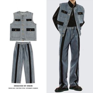 Männer Trainingsanzüge HOUZHOU Sets Cargo Denim 2 Stück Outfits Männlich Patchwear Jeans Hosen Westen Ärmellose Casual Koreanische Streetwear Hip Hop 230724