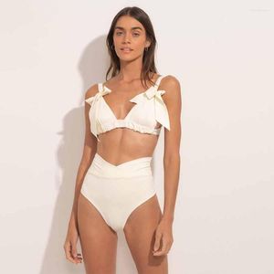 Roupa de banho feminina Moda Cor Sólida Ruffle Laço Amarrar Triângulo Micro Sutiã Conjunto de Biquíni de Duas Peças Capa 2023 Verão