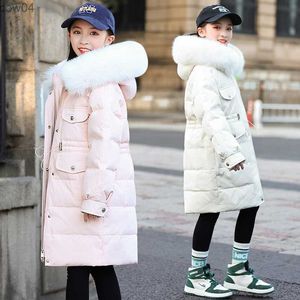 4-12Y Crianças Winter Duck Down Girls Jacket Thickened Kids Slim Long Coat 2023 Casual Candy Color Warm Hooded Clothes XMP342 L230625