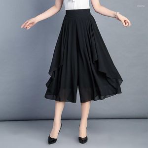 Women's Pants Korean Fashion Women Summer Oversize Chiffon Skirt High Waist Loose Breathable Black Casual Wide Leg Calf-length Trousers