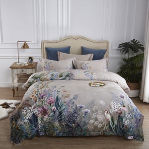 Bettwäsche-Sets, 100 % ägyptische Baumwolle, US-Größe, Queen-Size-Bett, 4-teilig, Vögel und Blumen, Blattgrau, Shabby-Bettbezug, Bettlaken, Kissenbezüge, 230724