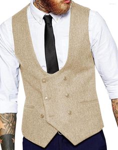 Mäns västar män Slim Business Formal Waistcoat Champagne Wool Herringbone Tweed Custom Made Sleeveless Suit