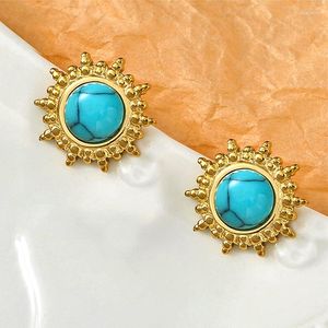 Stud Earrings SunFlower Earring Stainless Steel For Women Inlaid Turquoise Round Natural Stone Earings Fashion Jewelry 2023