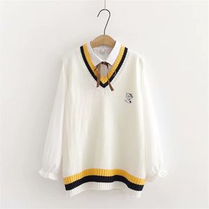 Autumn Korean Cute Knitted Vest Sweater Women School Girl V Neck Kawaii Sleeveless Student Embroidered Cat Casual Loose