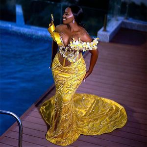 2023 Aso Ebi Yellow Mermaid Prom Dress Sequined Lace Beaded Evening Formal Party Second Reception Birthday Engagement Gowns Dresses Robe De Soiree ZJ765