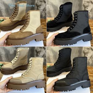 Designer stövlar kvinnor mode mysiga komfortskor ce triomphe vintage snörning boot nylon sade kalvskinn tjock sula stövel utomhus casual riddare stövlar storlek 35-41