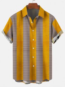 Camisas casuais masculinas 2023 verão amarelo azul verde listrado simples tendência impressão havaiano e moda praia feminina