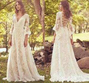 Western Country Hippie Cowgirl A Line Wedding Dresses V Neck Flare Long Sleeves Bohemian Lace Bridal Gowns Lace-up Back Vintage Bride Reception Party Robes CL2643