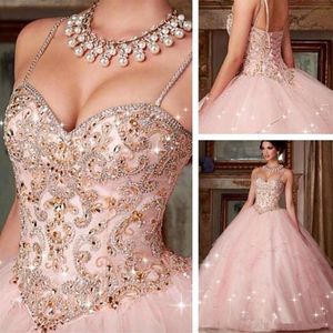 CRYSTAL PAGADE SPAGHETTI REMS TULLE BALL CLOWNS QUINCEANERA KLÄNNER VESTIDOS DE 15 ANOS GOLVLÄGNING PROM -klänningar med snörning BC27248Y