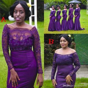 Purple Wedding Guest Dreses 2019 Sydafrikanska långa sjöjungfru brudtärna klänningar långa ärmar elegant utanför axelpartin gow262e
