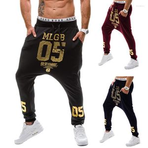 Herrbyxor 2023 Spring Autumn Casual Low Crotch Hip Hop Beam Foot Leg Streetwear Street Dance Gold Number Printed Byxor Män