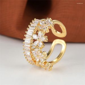 Wedding Rings Dainty Flower White Zircon Opening Ring Female Luxury Crystal Butterfly Antique Gold Color For Women Jewelry