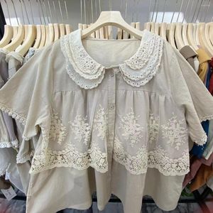Women's Blouses Vintage Cotton Linen Cute Lolita Lace Shirt Woman Tops Mujer Summer Loose Wide Embroidery Mori Girl Doll Shirts Camisas De
