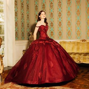 Красные блестящие платья Quinceanera, цветочные аппликации кружевное шариковое платье, хрустальное платье выпускной