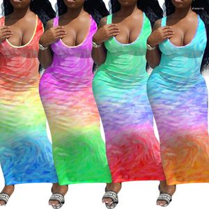 Casual Dresses Elegant Lady Tie Dye Gradient Print Long Dress Sexig U Neck Sleeveless Summer Beach Bodycon Party Club