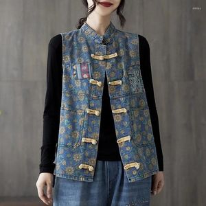 Damenwesten 2023 Denim Weste Frauen Kleidung Frühling Sommer Chinesischer Vintage Ethnischer Stil Scheibenschnalle Lässig Täglich Lose Ärmellose Weste