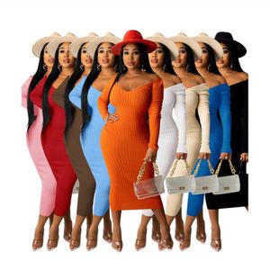 Fall Winter Knitted Ribbed Dresses Women Long Sleeve V Neck Bodycon dress Autumn Midi Skirts Sexy Hip package Wear skirt Solid Party Club