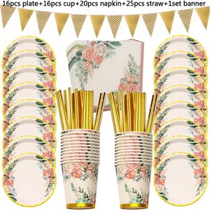 Outros artigos para festas de eventos vintage floral dourado conjunto de talheres descartáveis pratos de papel copos guardanapos adulto festa de aniversário suprimentos para chá decoração de casamento 230725