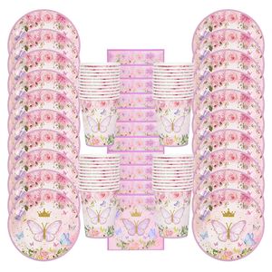 Inne imprezy imprezy 36PCS/Set Butterfly Przyjęcie urodzinowe Dekoracja Pink Butterfly Stołowa zastawa stołowa Papier Talerz Puchar