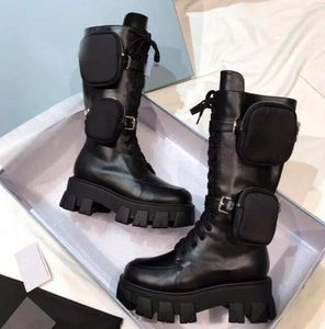 2022 Kvinnor Casual Shoes Martin Boot Monolish Boots Shiny Rois Boottom Leather Nylon Ankle Combat For Ladies Strap With Lovningsbar nylonpåse