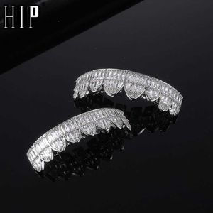 Hip Hop Baguette Stones CZ tänder Caps Cubic Zircon Iced Micro Pave TopBottom Charm Grills för män Kvinnsmycken 230726