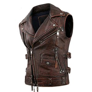 Men's Vests Vintage Brown Motorcycle Vests Men Natural Cowhide Genuine Leather Jacket Sleeveless Men's Riding Vest Motor Biker Jackets 230725