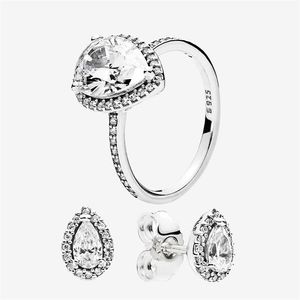 Authentic 925 Silver Teardrop RING and EARRING sets Original box for Pandora CZ diamond Women Wedding Jewelry tear drop Ring stud 217m
