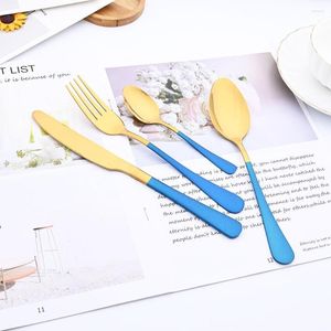 Servis uppsättningar 4st Blue Gold Set Dinner Knife Forks Spoons Cutlery Mirror Flatware rostfritt stål Silvervaror Köksbordsartiklar