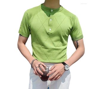 メンズセーターサマーニットセーター半袖クルーネックスリム薄いビジネスTシャツシャツポロシャツソリッドグリーン