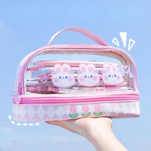 Astuccio per trucchi Kawai Cartoon di grande capacità Simpatico Baer Rabbit Rossetto portatile Borsa per cosmetici Astuccio per matite per studenti Borsa per il lavaggio