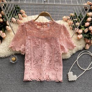 Blusas de Mujer, camisa de encaje Vintage elegante para Mujer, cuello redondo, manga corta, verano 2023, blusa recortada, Blusas elegantes de estilo francés para Mujer