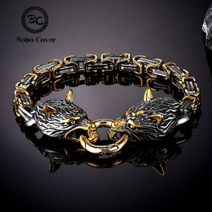 Bangle Norse Viking Celtic Wolf Head Armband Men rostfritt stål Odin Wolf Bangle Amulet Fade Never Fade Gold Color King Chain Rock Jewelry 230726