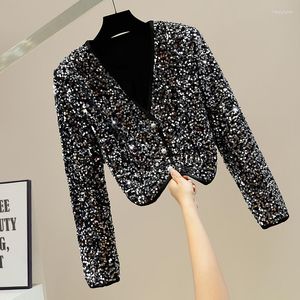 Women's Jackets Fashion Irregular Heavy Sequins Jacket For Women V-neck Slim-Fit Short Women&#39;s Top 2023 Autumn Sequined Coat Outwear