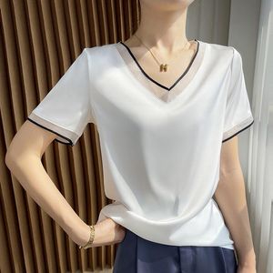 Kostymer 2023 sommar ny vneck/rund halsband kort hylsa t -shirt kvinnors satin modetank topp silk thirt tunn inner skjorta