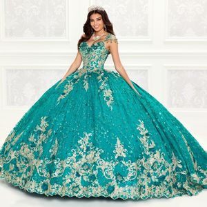 Vestidos de Quinceanera Verde Esmeralda Brilhante Rendas Apliques Florais Miçangas Vestidos de Baile Vestidos de 15 anos Vestidos Sweet 16 Personalizados