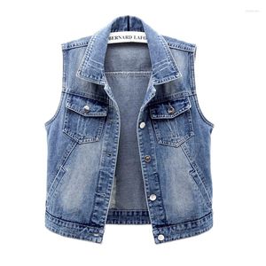 Kvinnors västar vintage blå hål Pocket denim Vest Women Slim Short Student Cowboy Waistcoat Summer Korean Casual ärmlös jeans kvinna