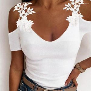 여자 T 셔츠 2023 여름 레이스 꽃잎 짧은 슬리브 단색 레이디 티셔츠 여성 오버 숄더 v- 넥 슬림 캐주얼 탑 티