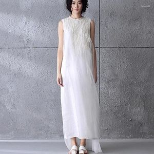 Casual Dresses 2023 Summer Dress Women Vintage Brodery Patchwork Linen Cotton Elegant Sleeveless Vestidos Long Tank SF142
