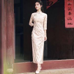 Ethnic Clothing Khaki Women Flocking Improved Cheongsam 3/4 Sleeve Vintage Dress Slim Wedding Costumes Elegant Qipao S To XXL