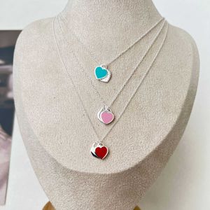 Designer Brand Tiffays Sterling Silver Double Heart Necklace Female Enamel Blue Pink 925 Collar Chain Valentines Day Gift