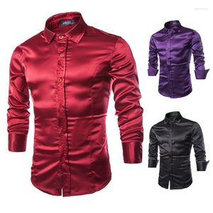 Men's Casual Shirts Homme Luxury Fit Satin Men Dress Shirt Slim Party Tuxedo Wedding Prom Black Smooth Silk Chemise