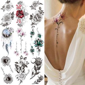 Lily Chains Flower Temporära tatueringar för kvinnor Girl Black Butterfly Dream Catcher Tattoo Sticker Fake Rose Sexiga tatoos Back Body Y246K