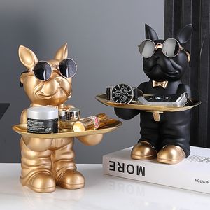 Decorative Objects Figurines Resin Dog Statue Room Decor Piggy Bank Storage Tray French Bulldog Sculpture Animal Figurine for Home Desk Decoration 230725