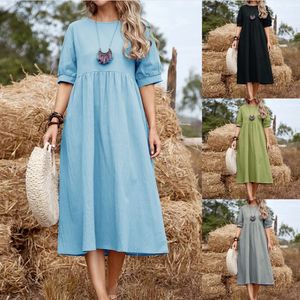 Casual Dresses Women Solid Color Loose Waist MIDI Skirt Cotton Linen Round Neck Dress