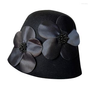 Berets Fashion Black Big Flower Fisherman Шляпа с шерстяной шерстяной шерстью