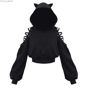 Kvinnors hoodies tröjor harajuku tröja kvinnors punk gotiska hoodie höst vinter plus sammet ihålig spets lång ärm söt katt öron hoodie z230726